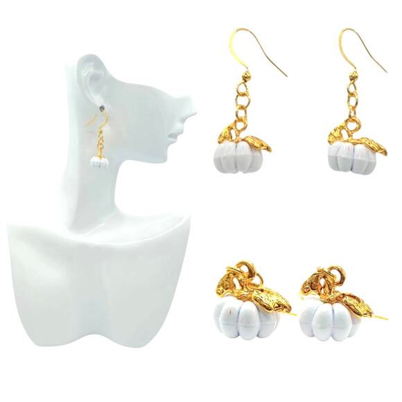 White Pumpkin Dangle Earrings – Cute Fall Accessory – Thanksgiving - Picture 2 of 4
